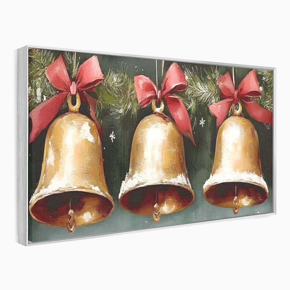 Tablou canvas cu pictura cu clopote aurii de craciun, in rama de aluminiu argintiu